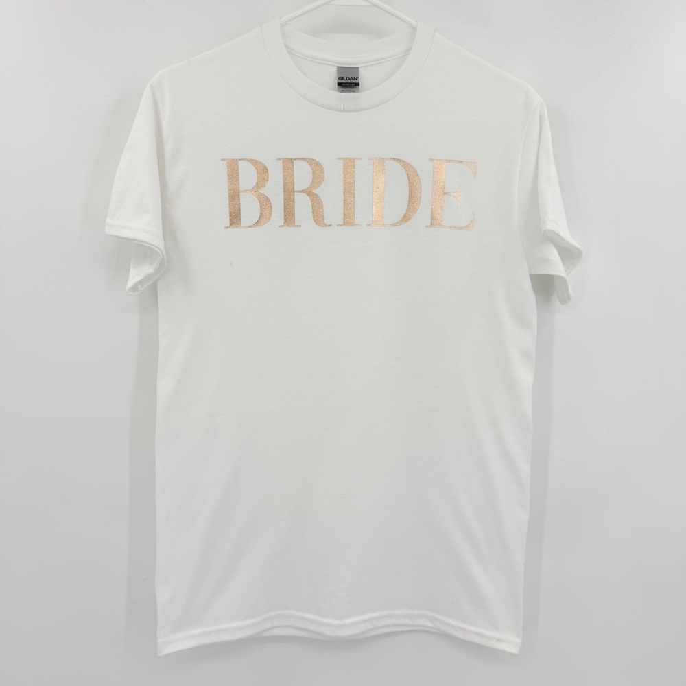 Gildan Dry Blend White‎ Custom Handmade Rose Gold Bride Short Sleeve Tee Small